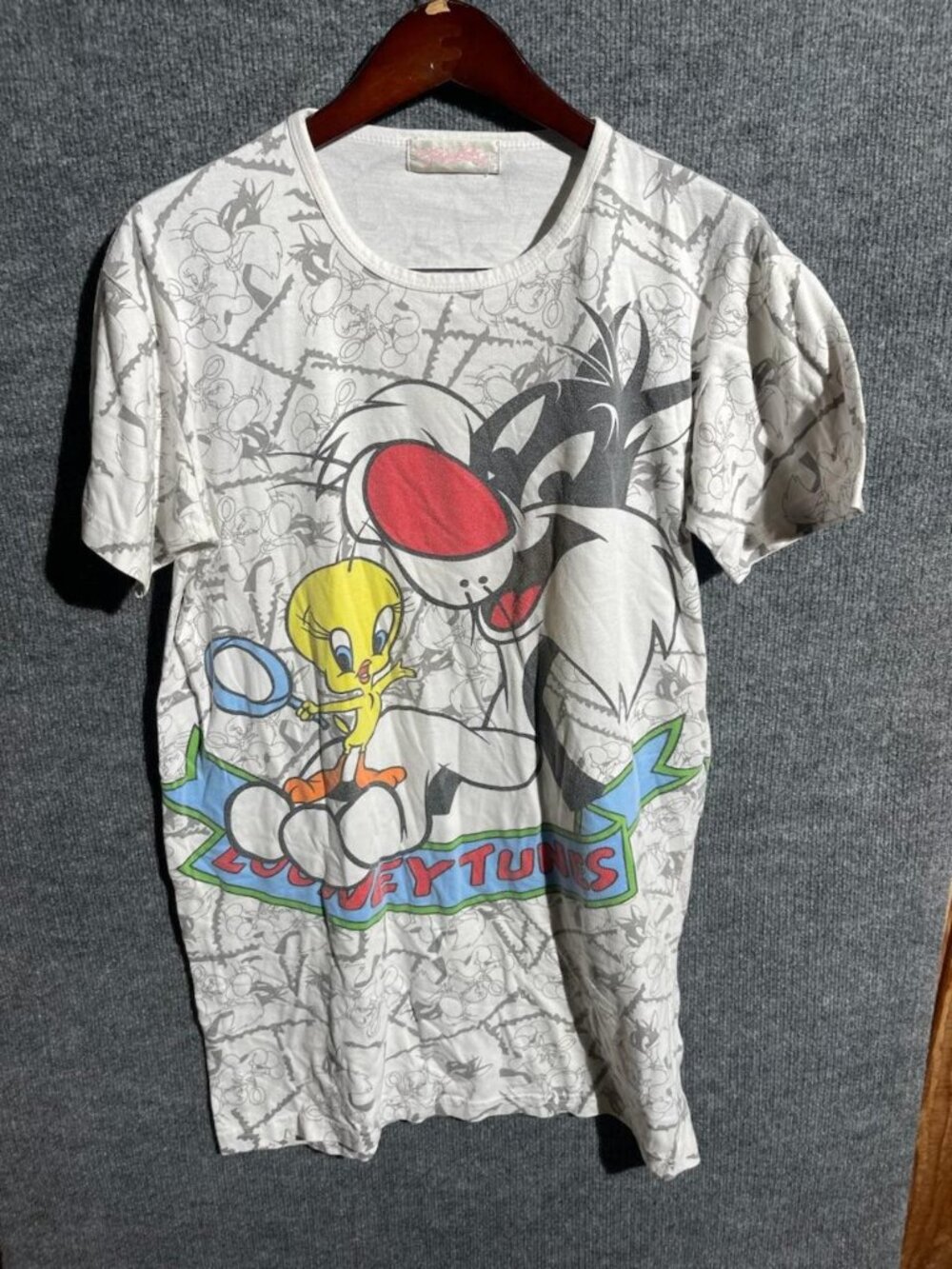 Looney Tunes Sylvester Tweety Shirt Womens Large White All Over Print Graphic